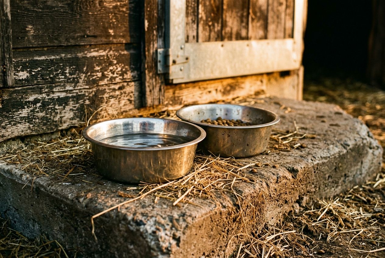 Two heavy steel bowls on a concrete barn step