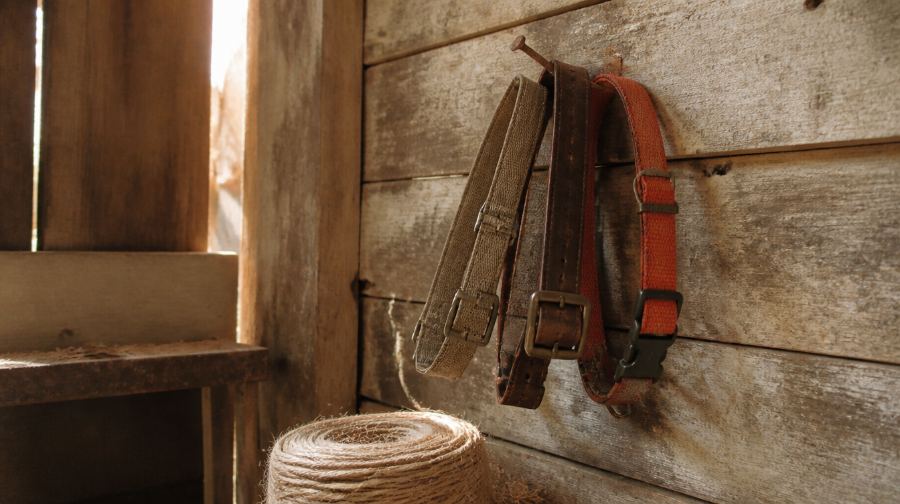 Three worn collars on a nail in a feed shed