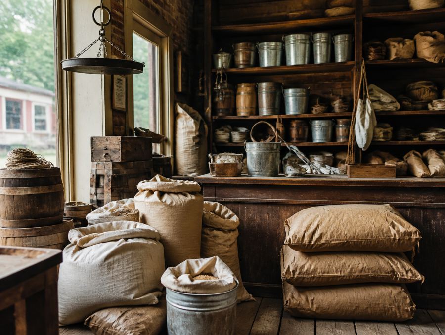 Inside a country feed store, sacks stacked to the ceiling