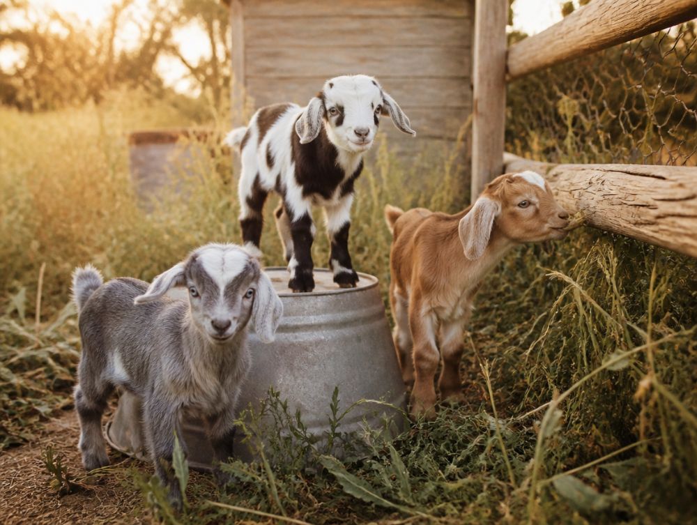 Three baby miniature goats at golden hour