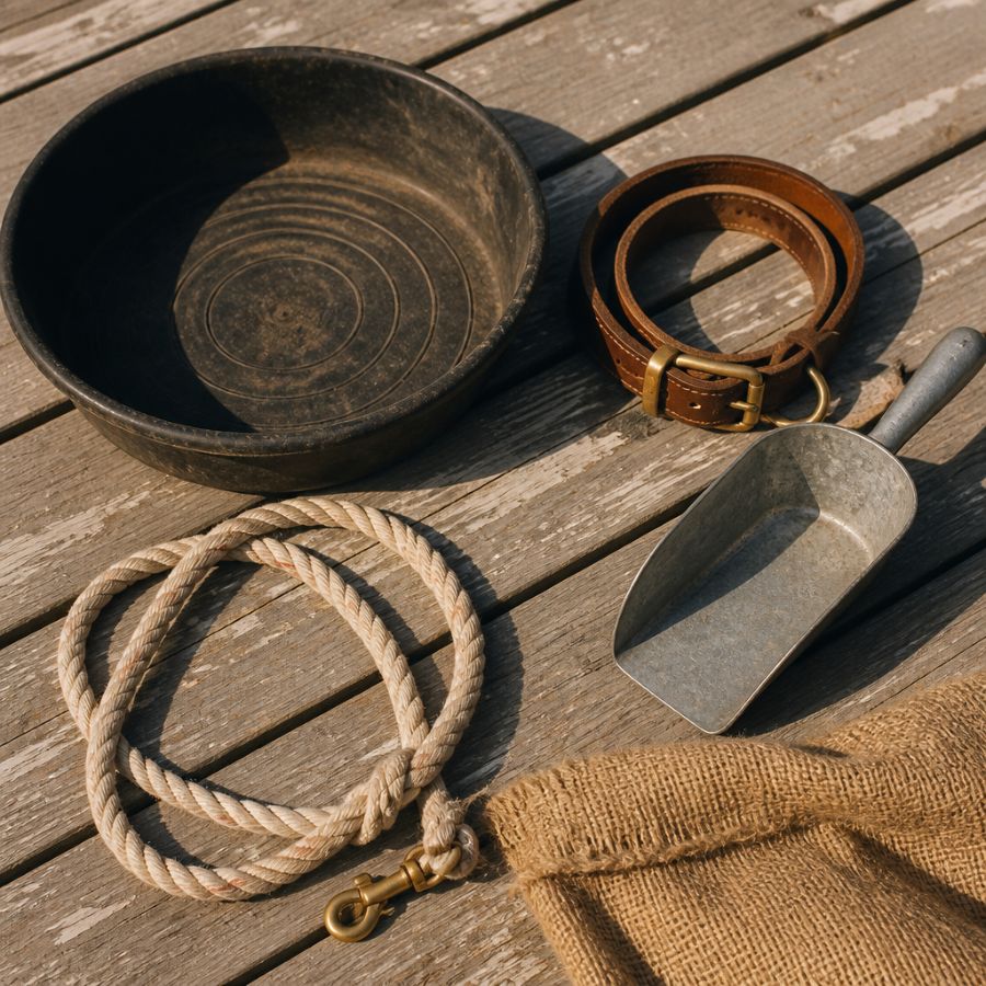 Porch goods laid out on weathered planks