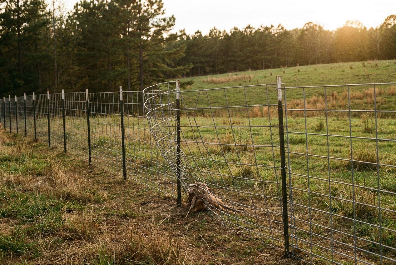 A run of galvanized cattle panel fencing with one panel pushed out of true