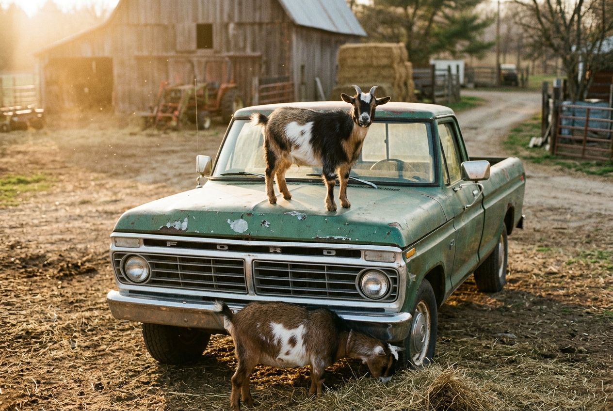 A Nigerian Dwarf goat standing on the hood of an old pickup truck