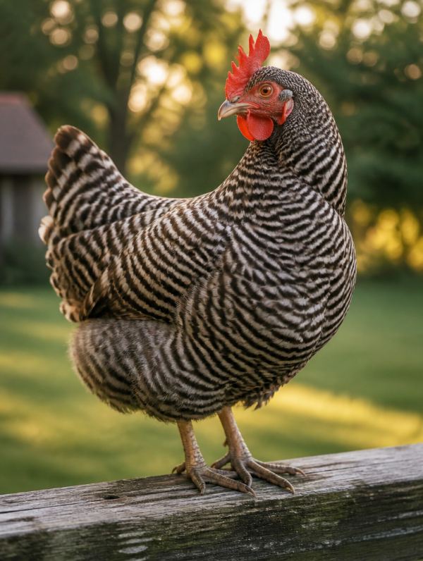 Barred Rock hen on a fence rail