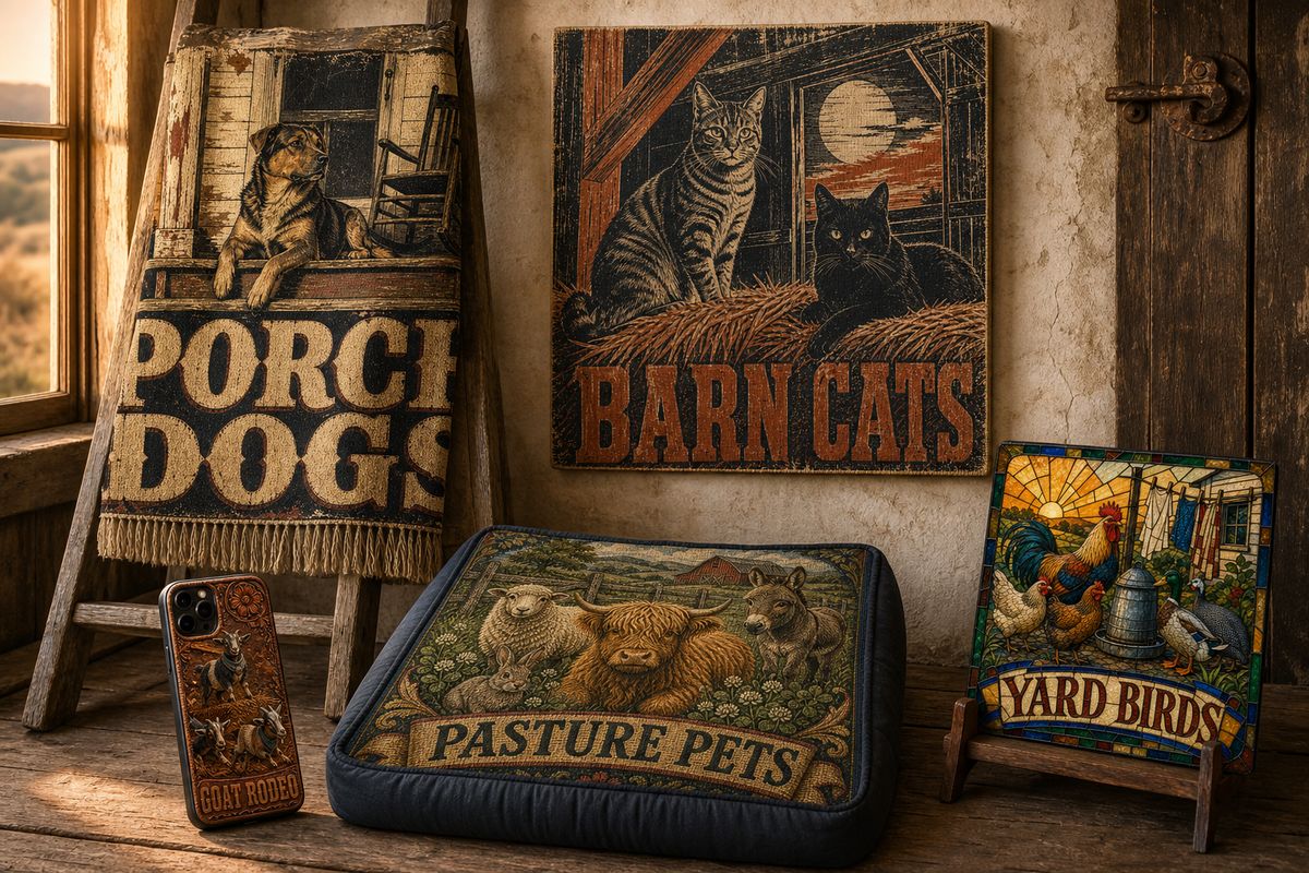 Porch Dog Supply goods — printed blanket, wood sign, phone case, dog bed and tile