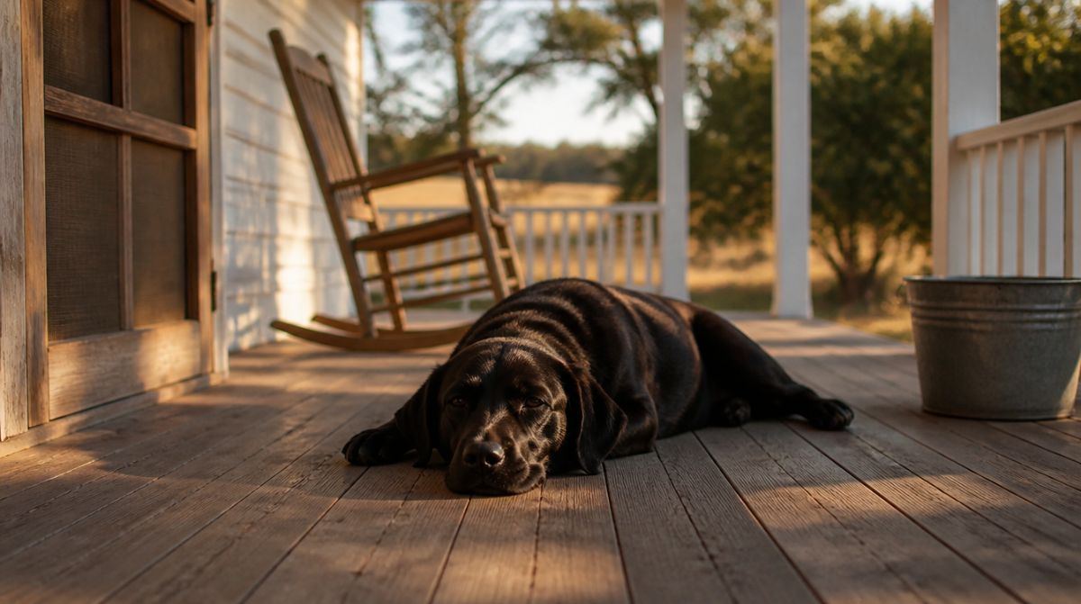 Black Labrador asleep on porch planks at golden hour