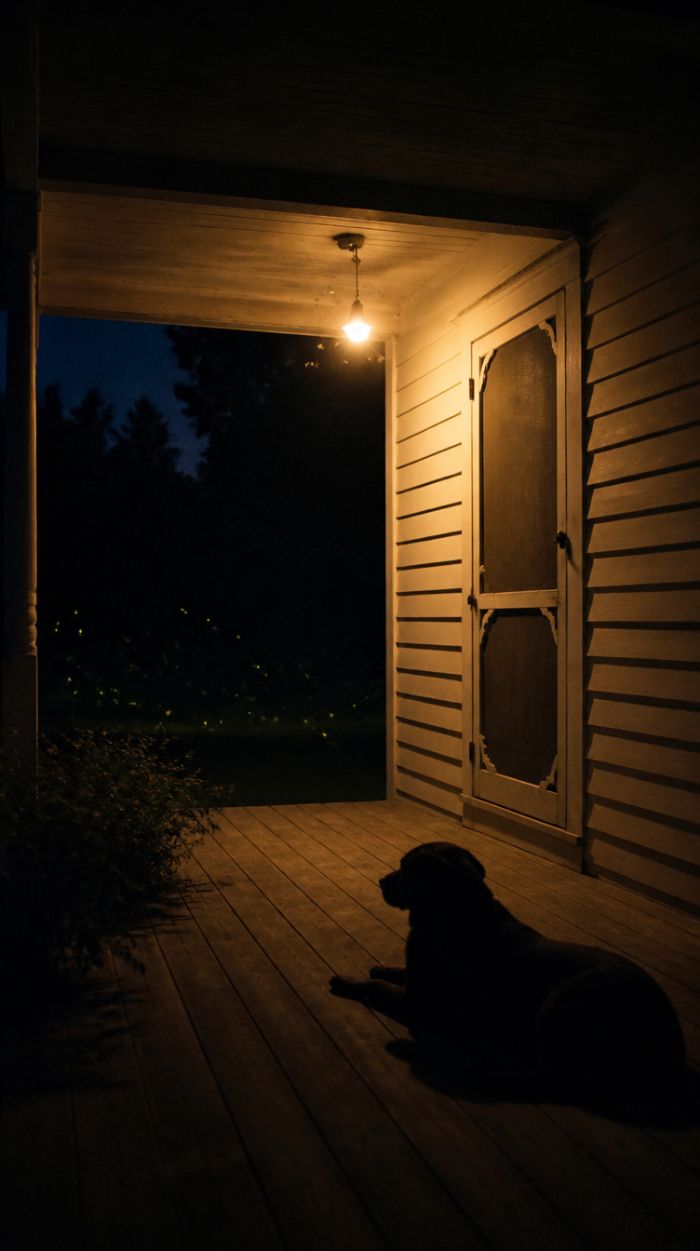 Bare porch light at night, moths, dog at the edge of the light