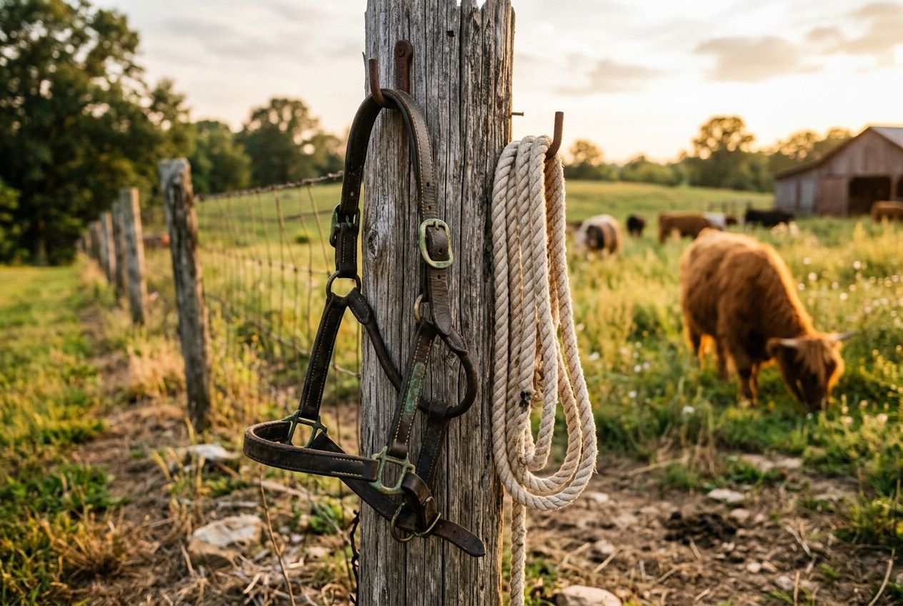 Leather halter and lead rope hanging on a weathered cedar fence post