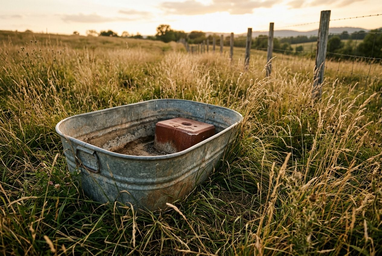 Galvanized mineral tub in trampled pasture grass