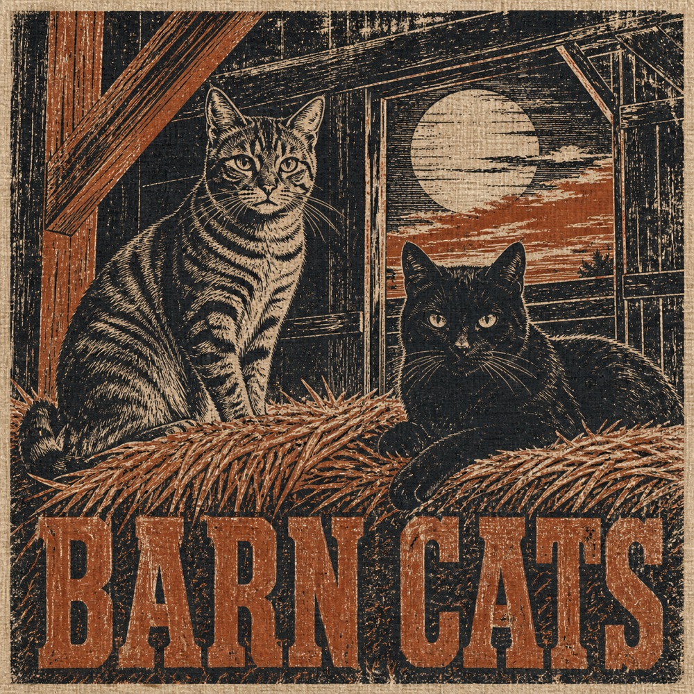 The Barn Cats woodblock panel artwork