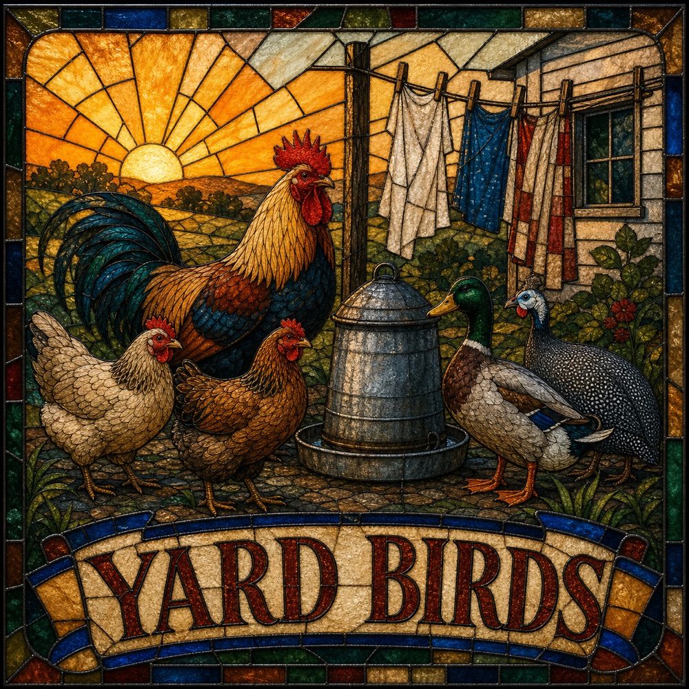 The Yard Birds stained-glass panel artwork