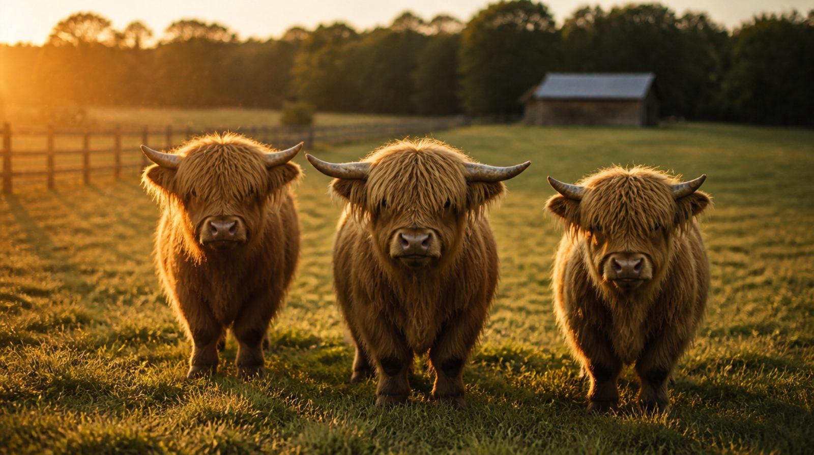 Three miniature Highland cows in a Mississippi pasture at golden hour