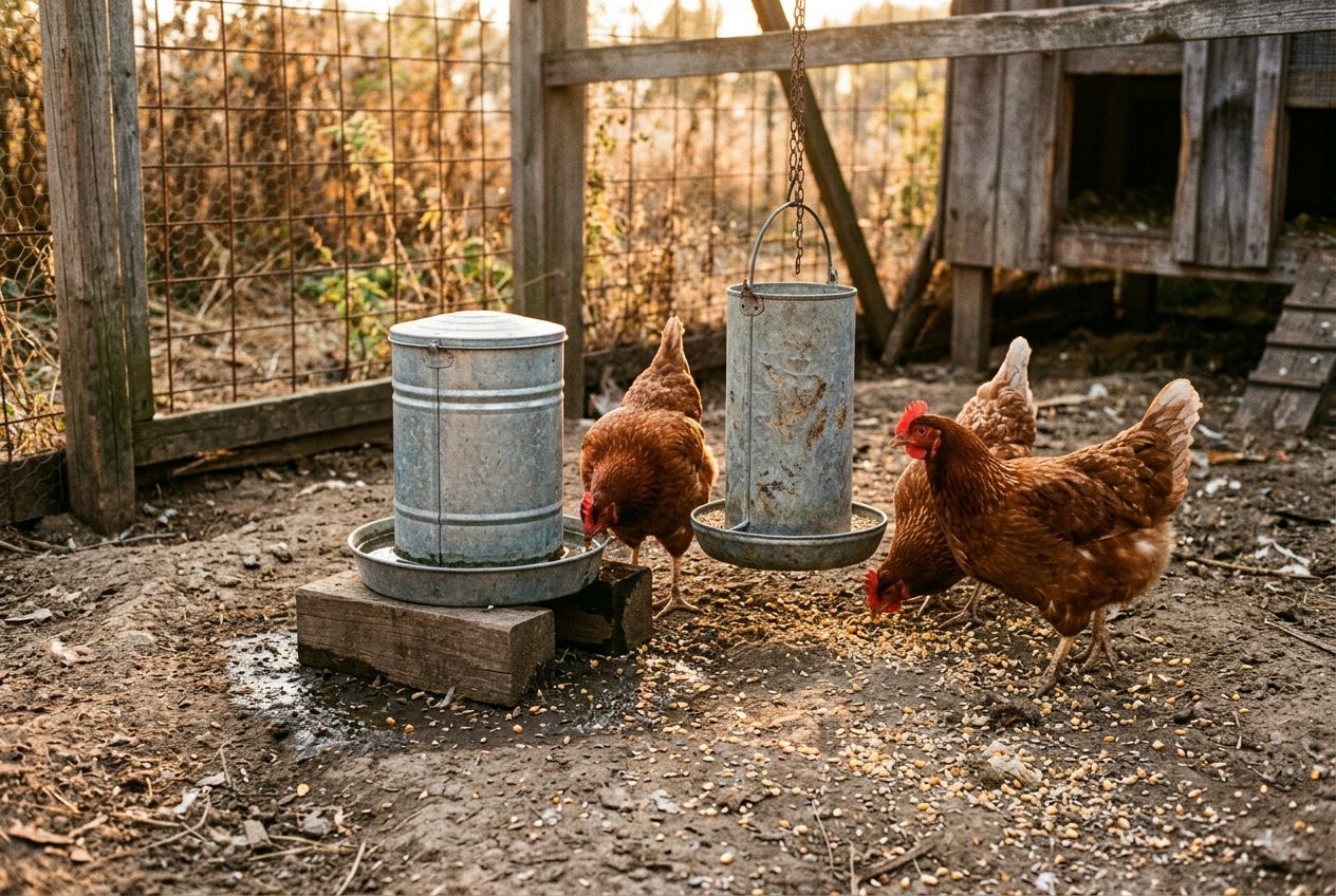 A galvanized fount and hanging feeder in a chicken run at golden hour