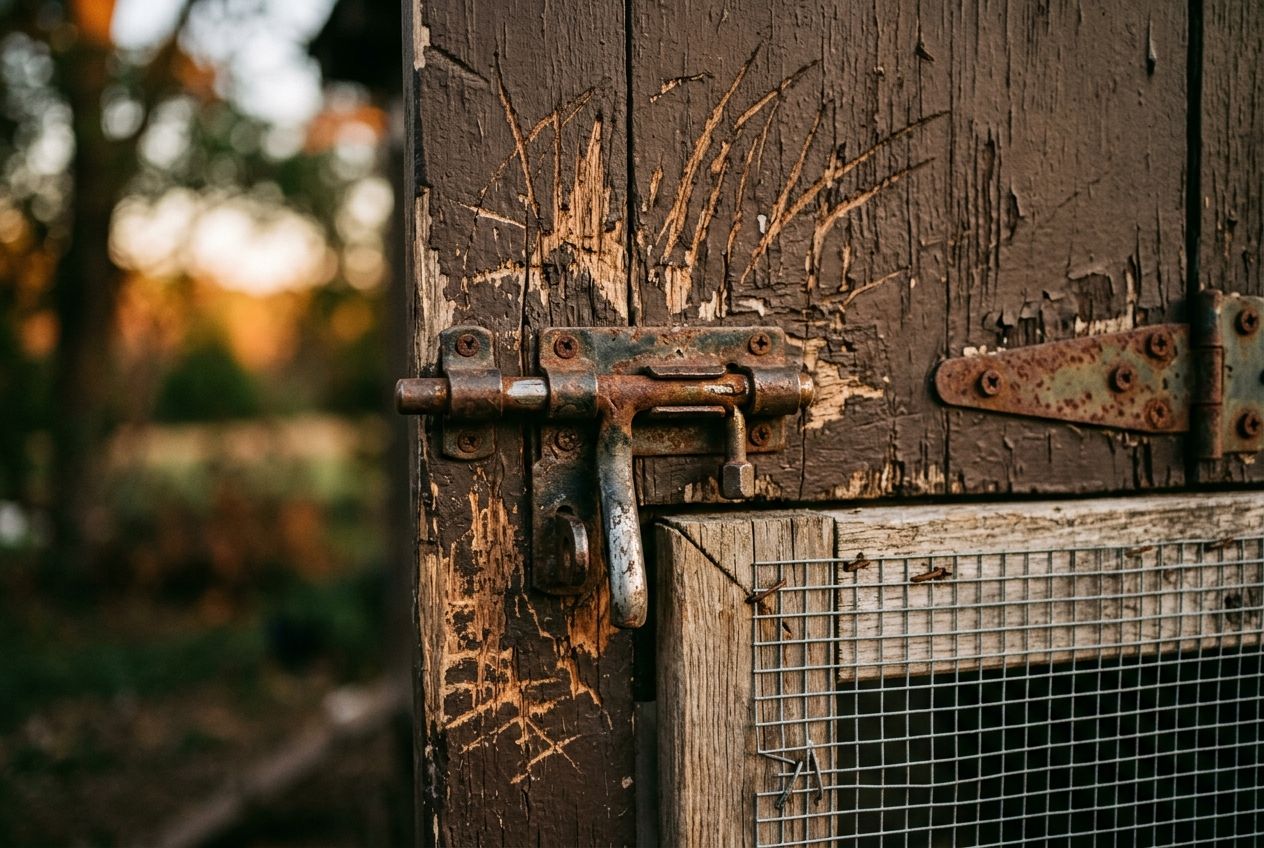 A two-step barrel-bolt latch on a weathered coop door