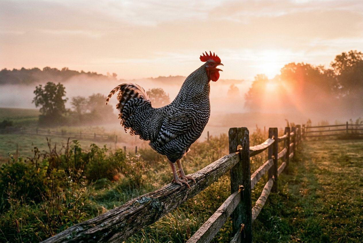 A barred rooster crowing on a split-rail fence at sunrise